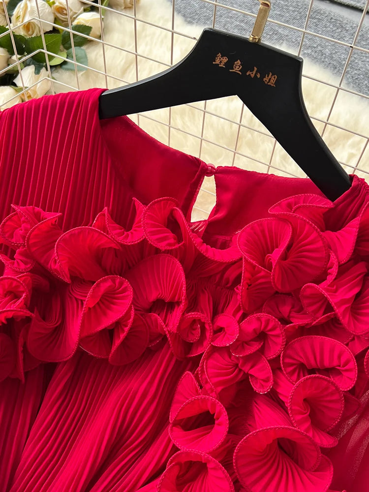 2026 Spring Autumn Fashion Elegant Dress for Women New French Mushroom Edge Crimping Loose Chiffon Long Sleeve Long Dress C141