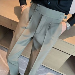 Men's Luxury Draped Baggy Suit Pants Casual Button-down Solid Color Straight Premium Elegant Dress Pants 2024