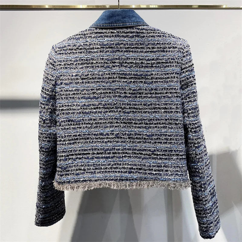 Women's jacket 2026 Spring new in outerwears single breasted slim fit lapel long sleeved top denim patchwork women's coat y2k
