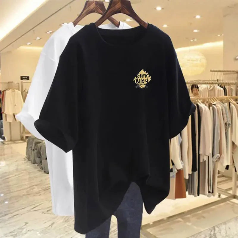 Summer New Elegant Loose Pure Cotton Short Sleeve Tshirt Women Clothing Fashion All-match Letter Print Top Tee Lady Y2k Pullover