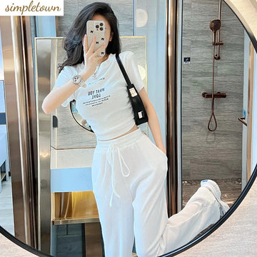 Summer casual sports style spicy girl sexy short sleeved top+fashionable wide leg pants two-piece set