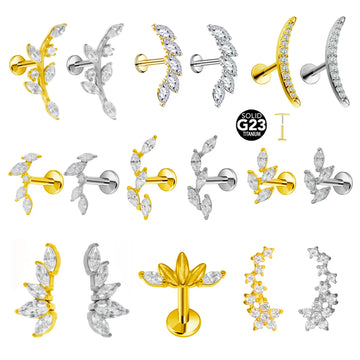 ASTM F136 G23 Titanium piercing Branch Earring Stud Moon Push In CZ Threadless Labret Piercing 16/18/20G Cartilage Body Jewelry