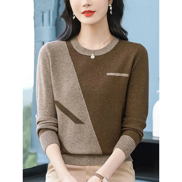 Women's Clothing Vintage Fashion Knit Wool Pullovers Autumn Winter New Elegant Chic Patchwork O-neck Sweaters Lady All-match Top