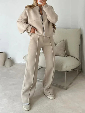 Autumn New Sports Suit For Women Loose Solid Color Zipper Long Sleeve Sweatshirt Coat High Waist Lace Up Trousers 2 Piece Set