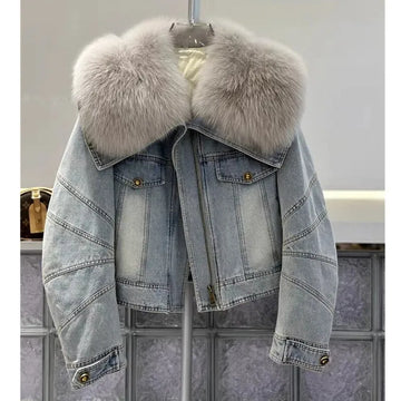 2025 winter New imported denim warm imitation fox fur coat women fashion Long sleeve short jeans fur jacket Female Outwear T784