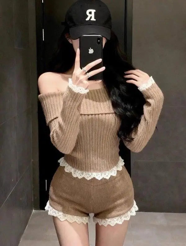 Lace Splice Knitted Sweater and High Waisted Shorts Two-piece Set Women Sexy Off Shoulder Knitted Sweater Pants Fashion Set