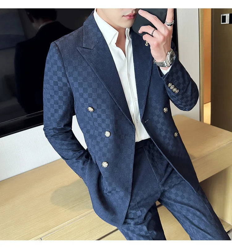 (Jacket+Pants) 2 Pieces Blue Apricot Business Party Men Suits Double Breasted Formal Style Custom Made Wedding Groom Tuxedos