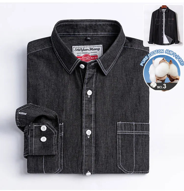 100% cotton denim young and middle-aged men's long-sleeved shirt autumn and winter casual no-iron solid color high quality