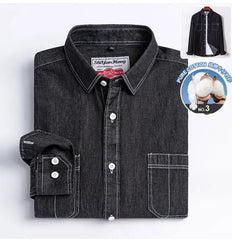 100% cotton denim young and middle-aged men's long-sleeved shirt autumn and winter casual no-iron solid color high quality