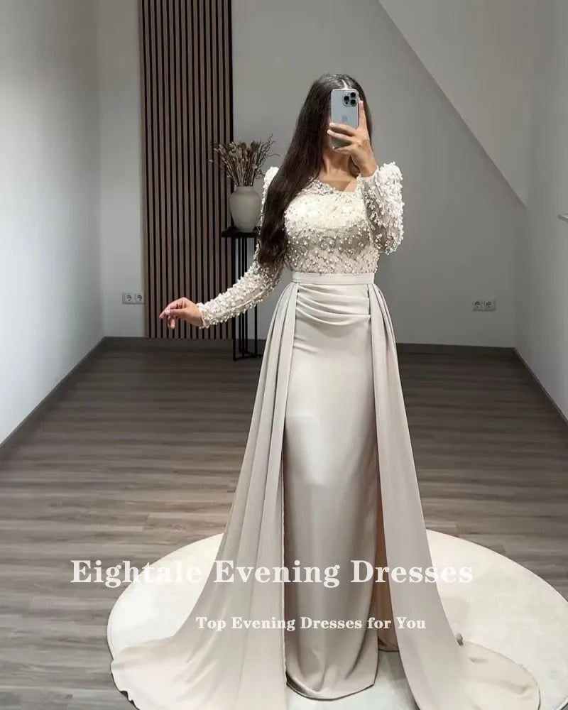Eightale Arabic Evening Dress Champagne Long Sleeves Customized Stretchy Satin Wedding Party Dress Mermaid Vestido De Noche
