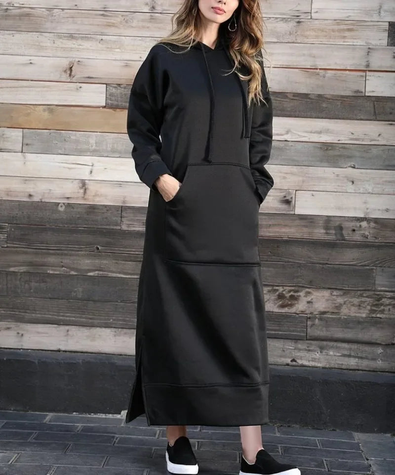 Autumn and Winter New Loose Size Knitted Hooded Long Dress Plush Casual Fashion Dress Large Pocket Skirt Women's Wear