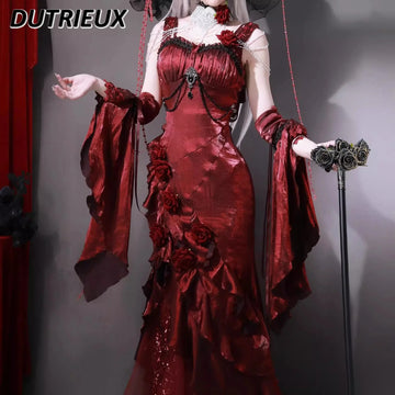 Red Rose Lolita Slimming Long Asymmetrical Fishtail Dress Lolita Halloween Muse Sexy Cos Suspender Dresses and Sleeves