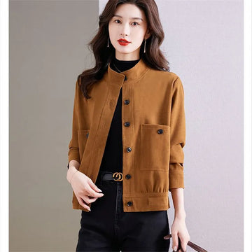 Casual Stand-Up Collar Jacket Women Autumn 2025 New Fashion Single Breasted Pocket Slim Short Coat Female Cardigan Outwear T1221