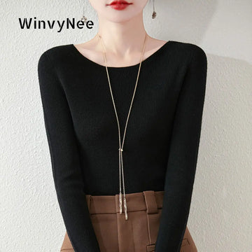 WinvyNee Women's 100% Worsted Wool First-Line Ribbed Boat  Neck Soft Warm Slim Fit Daily Office Knitted Pullover Top A1497001