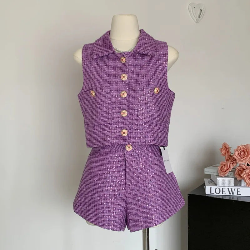 High Quality French Fashion Luxury Tweed 2 Piece Pant Sets For Women Vest Tops + Shorts Sets Korean Lady Two Piece Pant Suits