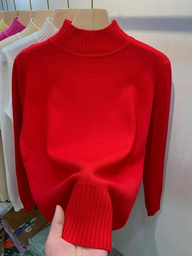 Autumn Winter Female Thickened Sweater Women Half High Collar Pullover Knitwear Korean Ladies Long Sleeves Jumper Knitted