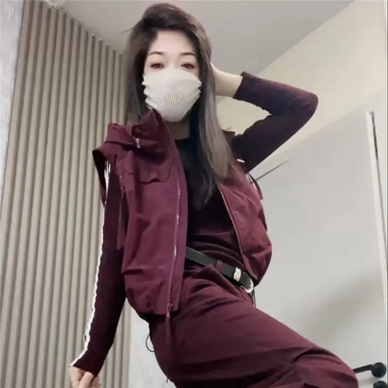 2025 Spring Korean Hooded Short Vest Women Fashion Sleeveless Jacket Loose Casual Zipper Waistcoat Female Outerwear Tide T1231