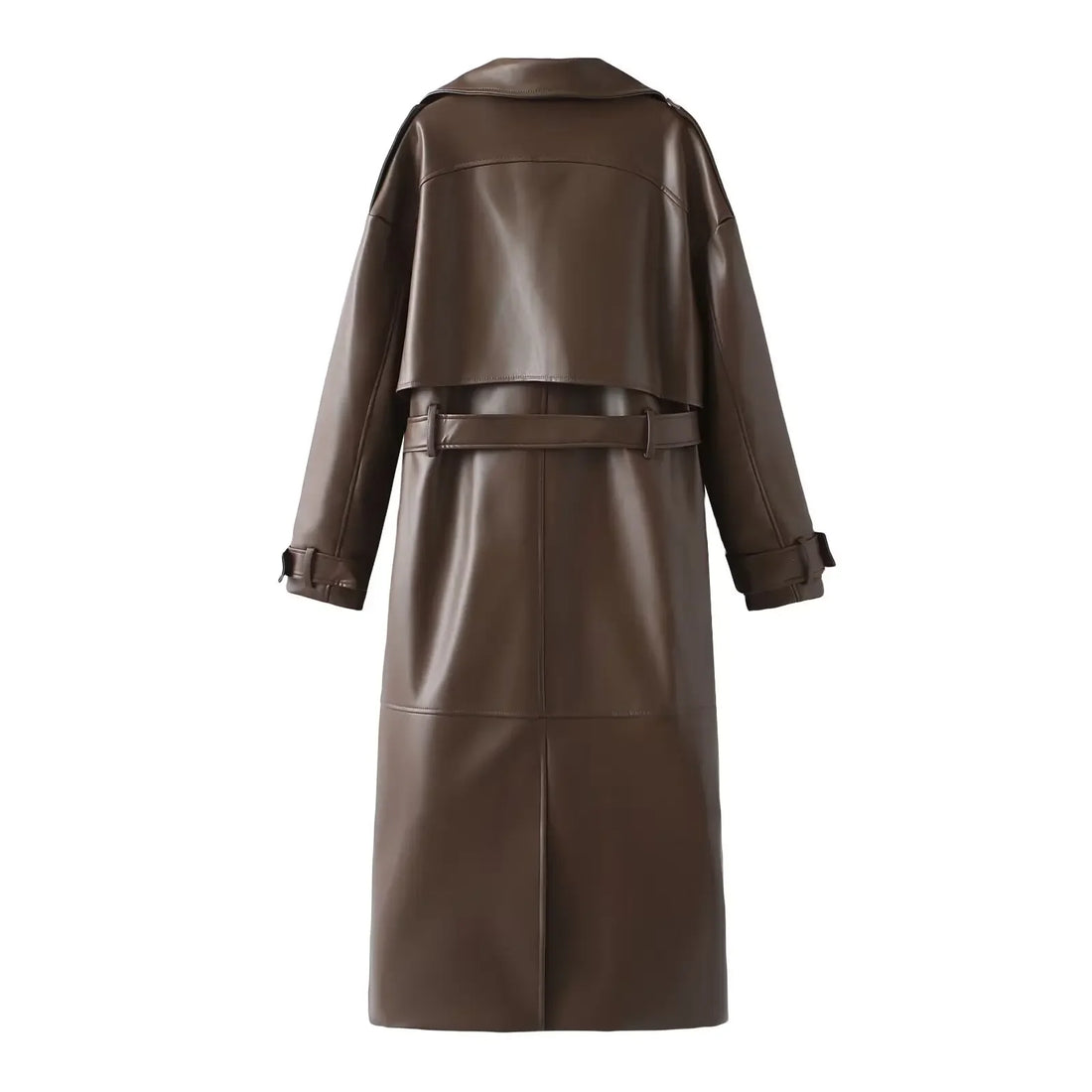Women's Burgundy Leather Long Coat 2024 New Fashion Lapel Vintage Overcoat with Belt Autumn Winter Chic Warm Solid Outerwear
