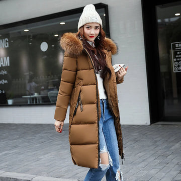 2025 Streetwear Winter Long Parkas Women's Cotton-padded Jackets Fur Collar Hooded Coats Thick Warm Outerwear Lady Slim Overcoat