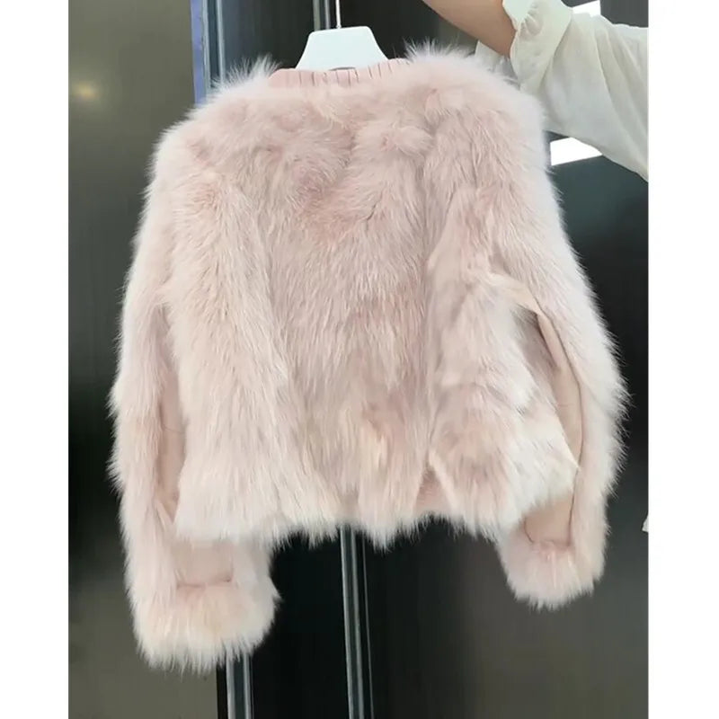 Winter new pink fox hair short coat women jacket Fashion O-Neck pullover Long sleeve Tassel furry tops Female loose Outwear T782