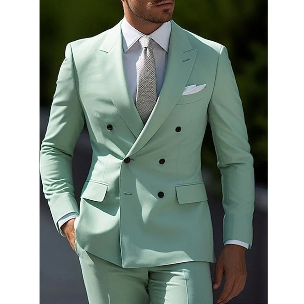 Sage Green Men's Wedding Suits Solid Color 2 Piece Daily Plus Size Double Breasted Six-buttons Formal Business Suits