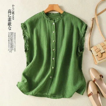 Cotton Linen Female Summer New Fashion Literary Elegant Leaf Rollar Sleeveless Jacket Women Cardigan Casual Waistcoat Tops T1329