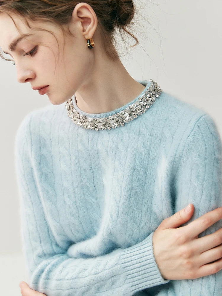 CHICUU Women's 100% Cashmere Sweater O-neck Beading Collar Cable Knit Pullover Grace Style Autumn Winter Cashmere Knitwear Tops