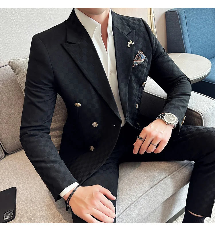 (Jacket+Pants) 2 Pieces Blue Apricot Business Party Men Suits Double Breasted Formal Style Custom Made Wedding Groom Tuxedos