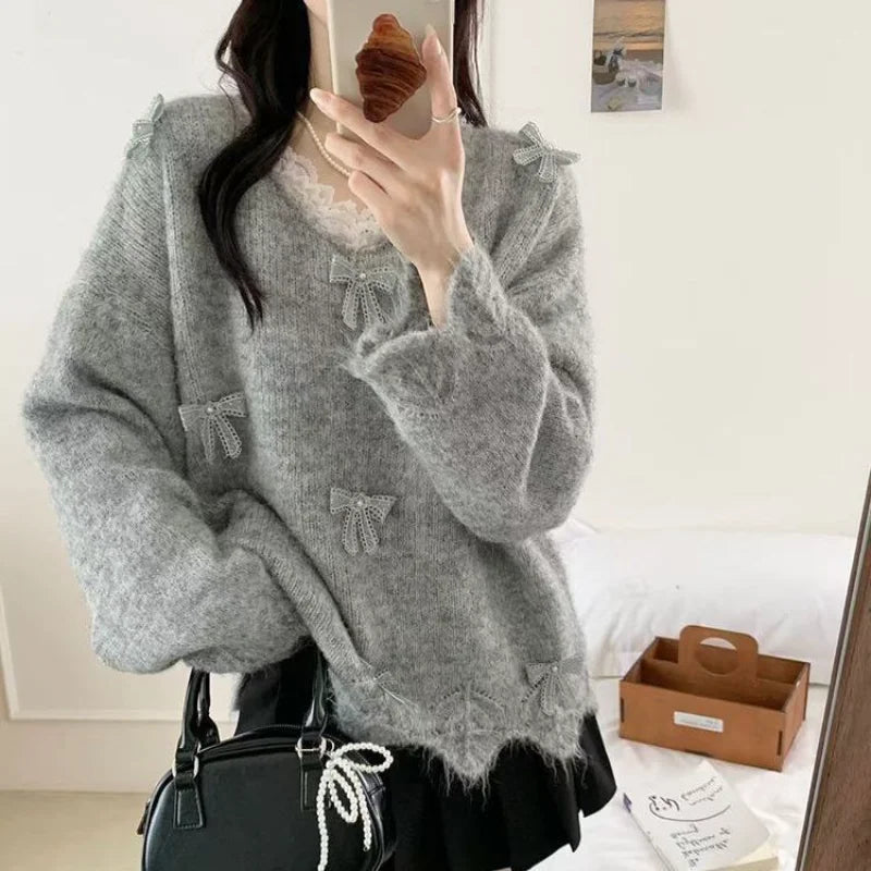 Round Neck Pullover Bow Fashionable Commuter Versatile Knitted Sweater Long-sleeved Top