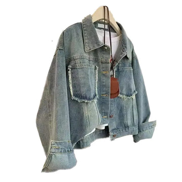 Spring And Autumn New Vintage Rough Edge Denim Jacket Female Long Sleeves Short Jeans Coat Women Loose Casual Outerwear T1204