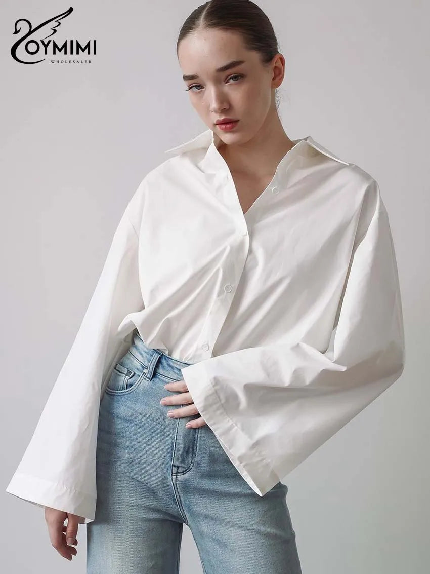 Oymimi Fashion White Cotton Women Shirts Elegant Turn-Down Collar Long Sleeve Shirts Casual Single Breasted Solid Blouses Female