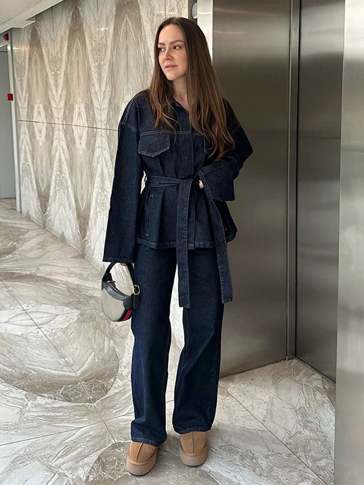 Vintage Denim Jacket Pants Set Women Lapel Single Breasted Belt Jackets Pockets Straight Jeans 2025 Spring Lady Street Outfits