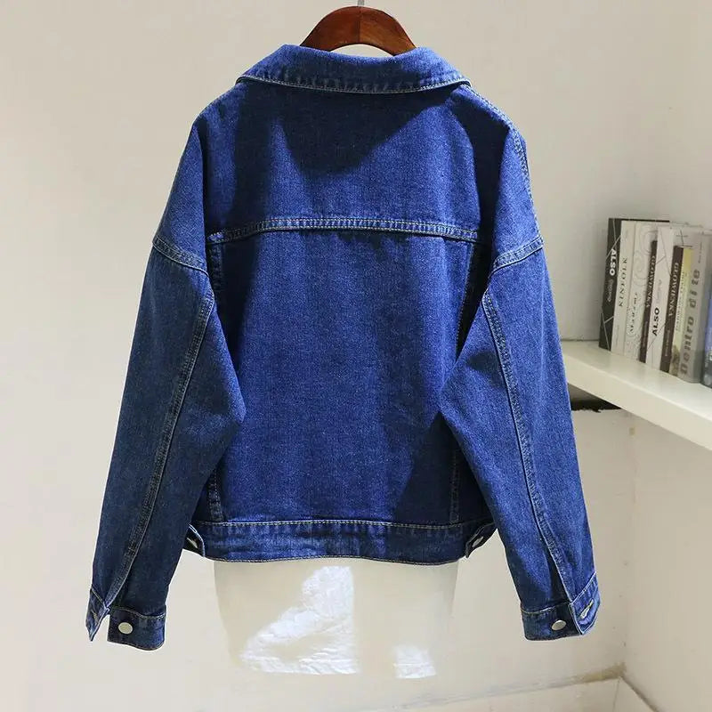 Vintage Women short Denim Jacket Spring Autumn new fashion big Pocket Single Breasted Lapel jeans Coat Female loose Outwear R574