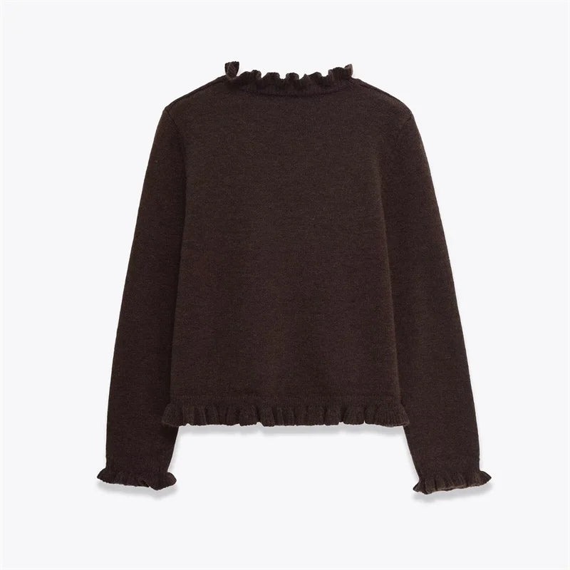 Women's Top 2025 Autumn New Style Dark Brown Long-Sleeve Layered Decorative Knit Pullover Casual Fashion