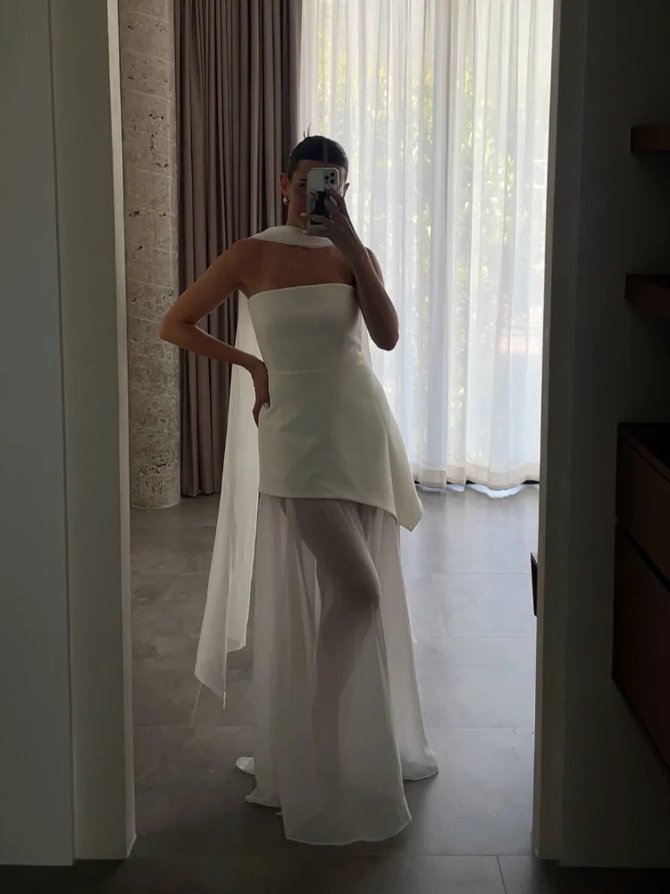 White Mesh Scarf Neck Strapless Long Dress Fashion Off Shoulder Sleeveless High Waist Slim Split Robe Lady Party Beach Gown 2025