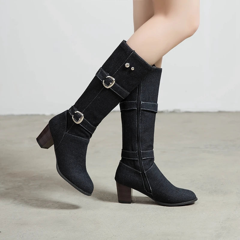 SIMLOVEYO Big Size Western Cowboy Booties Square Heels Zipper Buckle Fabric Shoes Mid-calf Boots Women Pointed Toe Black Blue
