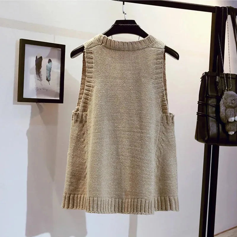 Knitted Sweater Waistcoat Women Pullover Spring Autumn New Casual V-Neck Vest Sleeveless Jacket Female Loose Knitwear Tops T1232