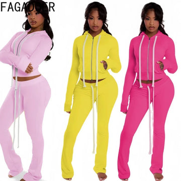 FAGADOER Casual Sporty Velvet 2 Pieces Set for Woman Zip Long Sleeve Drawstring Hooded Top and Pants Outfits Female Streetwear