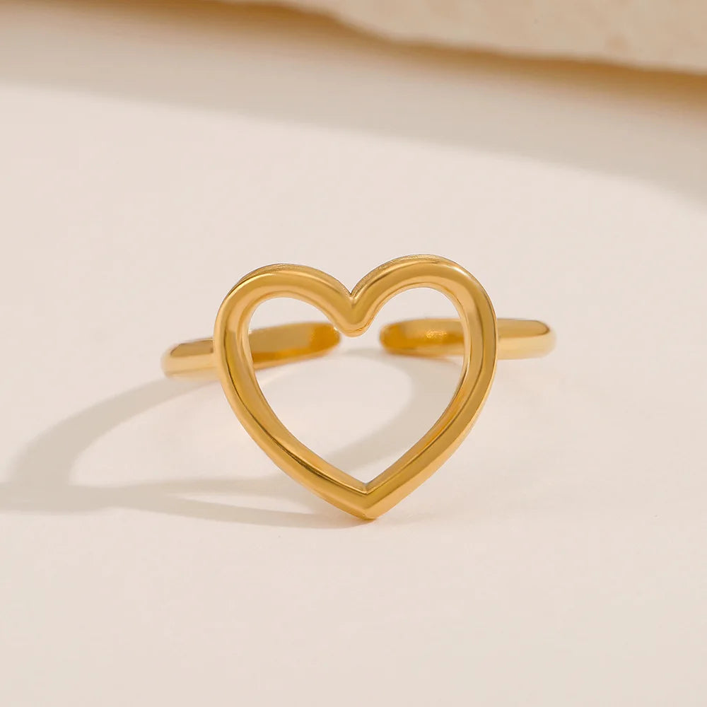 Stainless Steel Sweet Love Heart Open Rings for Women Female Gold Color Adjustable Finger Rings Non-fading Wedding Jewelry Gift