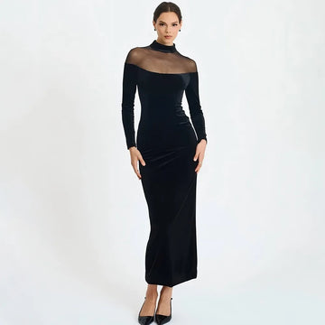 European and American autumn-winter fashion: Mesh sheer sequined plaid dress, stylish and sexy tight solid-color long dress