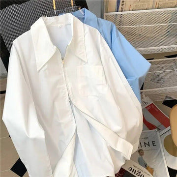 Women Clothing Turn-down Collar Solid Long Sleeve Shirts Spring Summer All-match Pockets Zipper Blouses Casual Loose Chic Tops