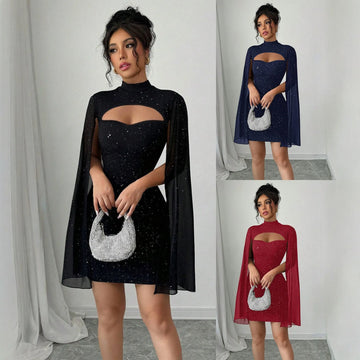 Women's Sparkly Black Evening Dress High Neck Cut Out Cape Sleeve Party Mini Dress