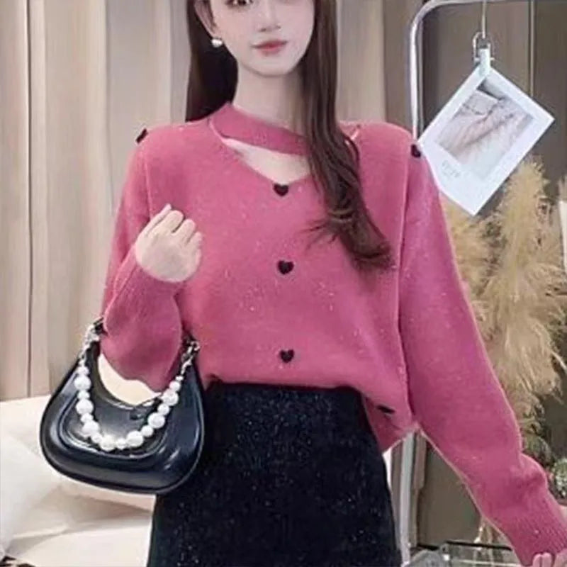 Women's Clothing Elegant Chic Halter Knit Pullovers Autumn Winter Casual Loose Long Sleeve Love Sweaters Office Lady Y2k Tops