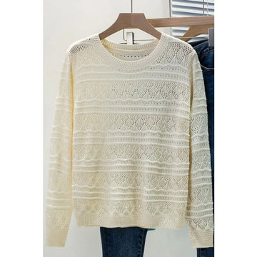 2025 Spring and Autumn New Loose Hollow Round Neck Sweater Women's Thin Knitted Long-Sleeved Top