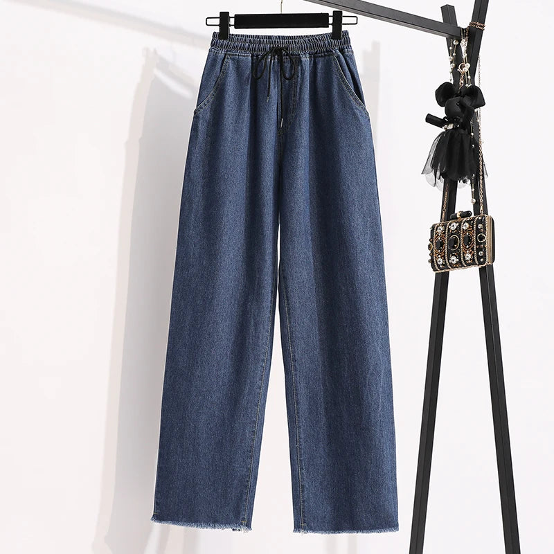 autumn Elastic drawstring High Waist Ankle-Length Straight Jeans Women loose Wide Leg Denim pants Casual Korean trousers R505