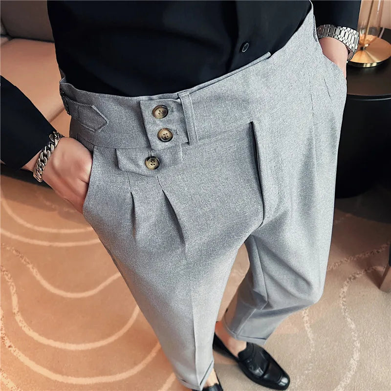 British Style Spring Solid Business Casual Suit Pants High Waist Button Men Formal Pants Slim Office Trousers