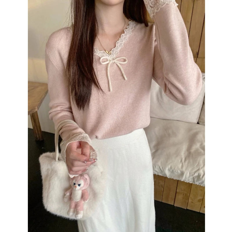 Knitted Sweater Women Pullovers New Long Sleeve V-Neck Lace Bow Knit Sweater Pullover Women Tops Sweaters Sueters De Mujer Q1510