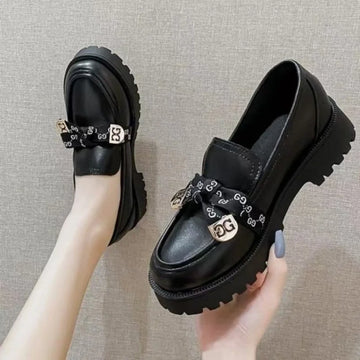Women's Chunky Sole Loafers     British Style Round Toe Flats Metallic Buckle Decor Soft Comfort Leather Shoes Fall Fashion Sl