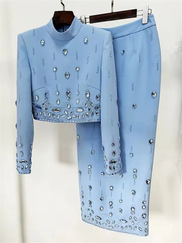 Suit Set Women New Fashion Beads Diamonds Half Skirt Suit 2025  Stand Collar Zip Back Cropped Tops Long Skirt Set 2pcs