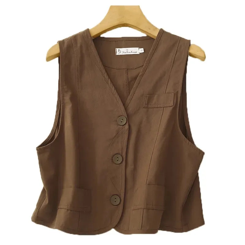 Spring Summer New Tooling Cotton Linen Vest Women Vintage V-Neck Sleeveless Jacket Solid Color Short Waistcoat Ladies Tops T1101
